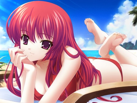 Red Head - anime, swimsuit, anime girl, female, water, hot, girl, sea, ocean, long hair, red hair, bikini, cloud, cute, sexy, sky