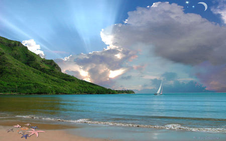 Sailing Into a Dream - clouds, sailing, 3d, ocean, art, dreamy, sky, wallpaper