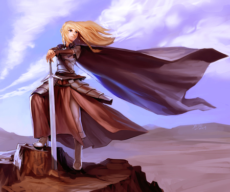 Warrior Girl - anime, female, scenery, scene, long hair, armor, weapon, sky, stone, anime girl, hot, rock, girl, sword, blonde hair, scenic, blade, cloud, cute, sexy