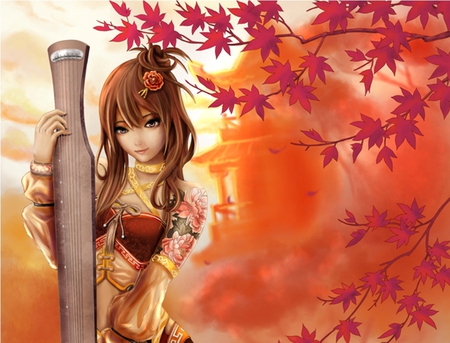 Chinese Music - female, hot, music, anime girl, leaf, brown eye, brown hair, orange, plant, anime, oriental, cute, sexy, girl, long hair, leave, red, chinese, flower