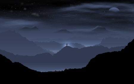 ISOLATED TREE - clouds, moon, isolated, night, mountains, stars, tree, sky