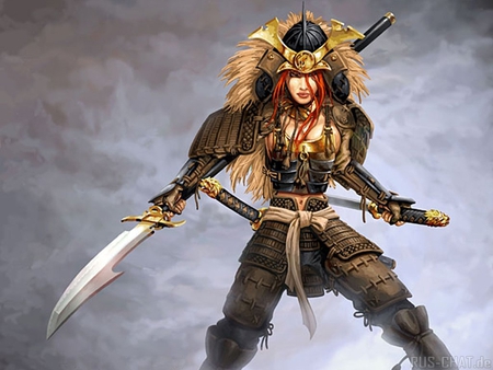 Warrior in the Mist - oriental, fantasy, female, warrior, sword, armour