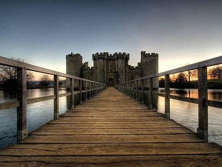 Castle - sky, fence, water, sunset, castles, wood, blue, old, bridge