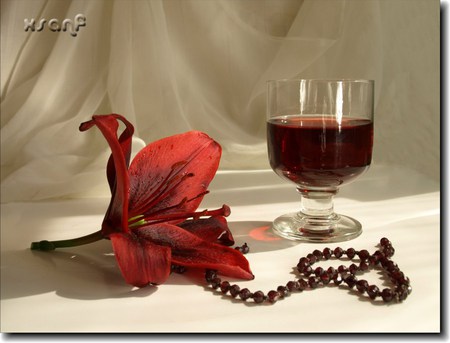 Elegante still life 4 - drink, glass, art photo, table, red flower, perle, still life