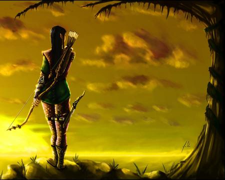 Sulphur Sunset - dagger, sky, female, warrior, fantasy, yellow, bow, clouds, arrows