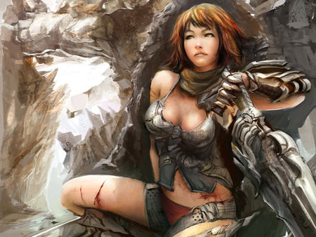 Bearing the Scars - fantasy, female, warrior, scarf, redhead, sword, rocks