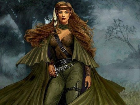 The Green Lady - elf, cloak, fantasy, female, warrior, green, axe, dagger