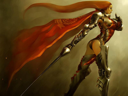 A Purposeful Stride - cloak, fantasy, female, warrior, red, sword, armour