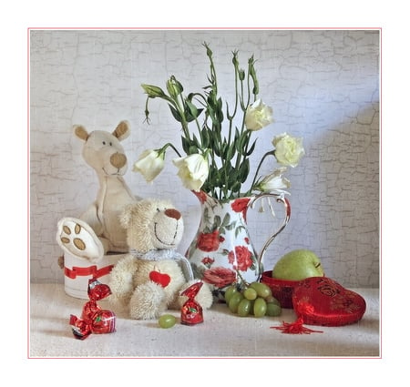 still life - nice, heart, photography, bouquet, still life, box, cool, harmony, toys, apples, fruit, vase, candy, beautiful, jug, flowers, grapes, teddy bear, photo, flower