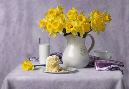 still life - nice, photography, daffodils, bouquet, still life, yellow, cool, milk, scarf, gentle, vase, cup, cake, beautiful, jug, flowers, photo, flower