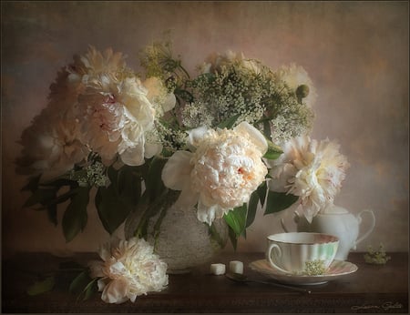 still life - elegant, photo, gentle, flowers, peony, nice, vase, beautiful, coffee, photography, tea, cool, still life, flower, bouquet, drink, harmony, white, cup