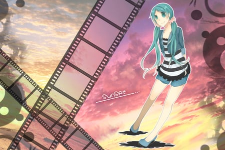 Sunset - beauty, nice, sky, thighhighs, colorful, sunset, pretty, cool, clouds, anime, miku, cute, hatsune miku, blue eyes, hatsune, vocaloids, blue hair, film, vocaloid, beautiful, smile, awesome, happy