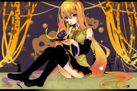 Halloween Colors - miku, hatsune, cute, beautiful, vocaloids, stars, orange hair, pretty, cool, beauty, awesome, halloween, vocaloid, thighhighs, anime, twintail, nice, skirt, pumpkins, orange, hatsune miku