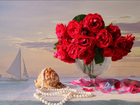 Ocean dreems - pearls, sky, ocean, shells, flowers, still life, boat