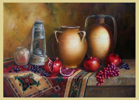 Jugs  And Fruit - pomagranite, jugs, table, oil lantern, runner, beets, grapes