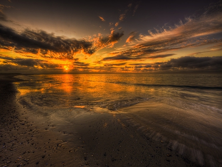 Golden Sunset - beauty, ocean, beach, sky, peaceful, sunset, waves, nature, reflection, clouds, beautiful, colors, golden, sea, sand