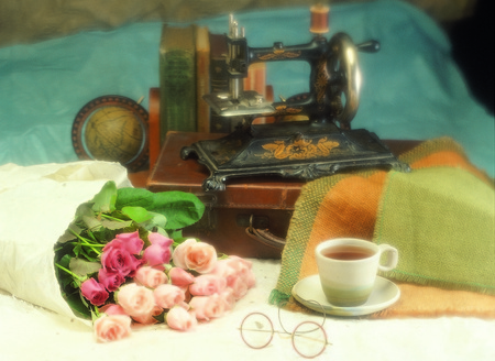 Still Life - pretty, roses, book, books, flowers, old, cup of tea, beautiful, photography, beauty, colors, tea, lovely, still life, bouquet, colorful, nature, glasses, rose, suitcase, cup