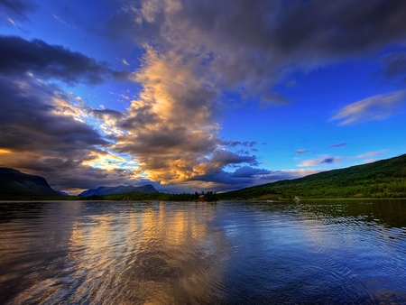 After The Rain - beauty, sky, trees, peaceful, mountains, reflection, clouds, green, house, grass, magnificent, lake, houses, hills, nature, beautiful, blue, colors