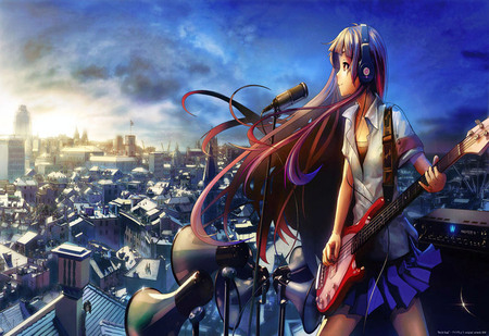 im singing at you - hatsume, city, guitarl, sky