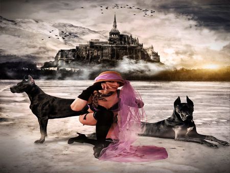 A WOMAN - goth, danger, dogs, woman, pink, castle