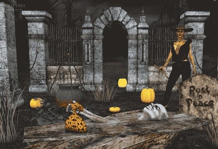 Rest In Peace? - witch, cemetery, zombie, pumpkins, coffin, grave