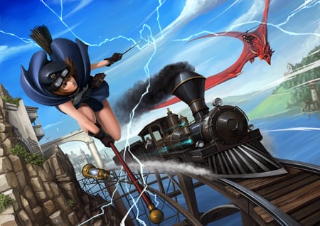 in_a_race_who_win - sky, female, hot, wings, track, anime girl, fantasy, train, cloud, dragon, anime, house, cute, fly, scene, sexy, building, scenic, girl, wing, scenery, float