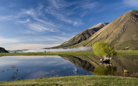 Lake Coleridge - blue, beautiful, reflection, skies, nature, mist, mountains, lakes, rural