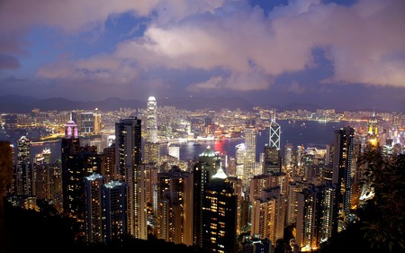 Opposite View - lights, towers, hong kong, harbour, night, buildings