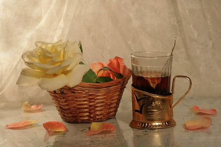 still life 1 - nice, art photo, tee, basket, still life, flower, teacup