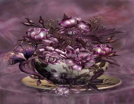 ROSES &TEA - flowers, roses, mauve, butterfly, tea cup