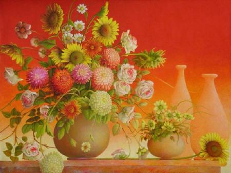 Autumn Bouquet - painting, table, flowers, pottery, vase