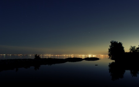 Waterfront Sunset - ocean, sky, stars, trees, water, clear, calm, nature, beautiful, sunsets, twilight, colors, coastal, lights