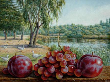 Monterey Picnic - trees, water, plums, table, grass, grapes, painting, lake, ducks