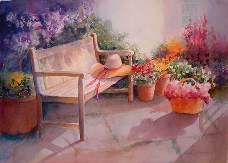 The Quite Place - hat, serene, pots, bench, plants, painting, alone, flowers, patio, quite, garden