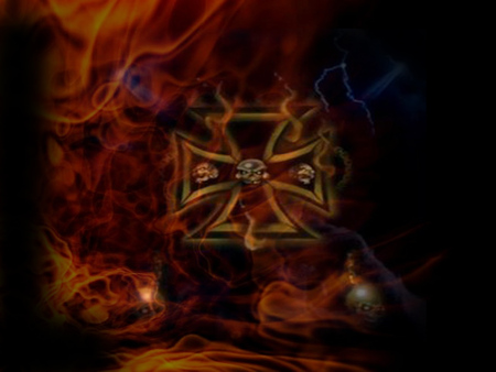 iron crossed - satanic, iron cross, mystical, gothic, evil, skull, scary, skulls, fire, wicked, flames