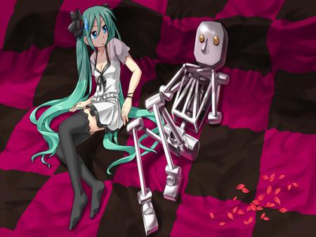 Hatsune Miku - miku, hatsune, cute, beautiful, vocaloids, red rose, rose petals, blue hair, checkered, funny, pretty, cool, beauty, flowers, awesome, vocaloid, thighhighs, anime, twintail, hilarious, petals, nice, mocking, blue eyes, hatsune miku