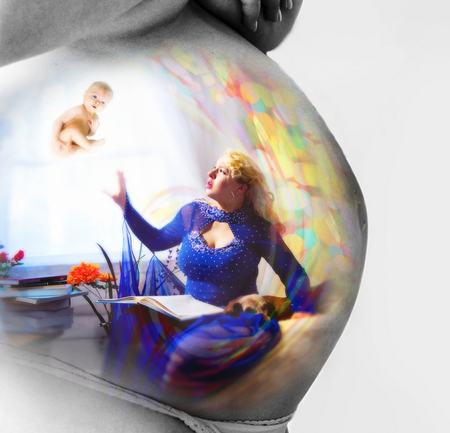 fantasy - woman, pregnant, blue, child, fantasy, flower, dress