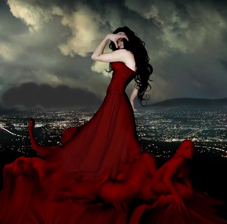 woman in the red dress - woman, city lights, red, beautiful, clouds, dress