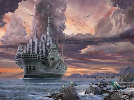 Pontiff Afloat - sky, cathederal, fantasy, water, clouds, ship, sea, birds