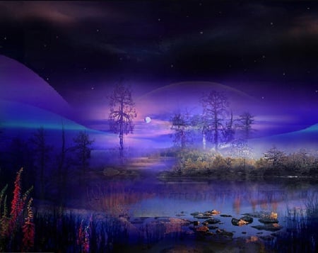 Amethyst Dreamscape - sky, purple, landscape, trees, water, flowers, grass, fantasy