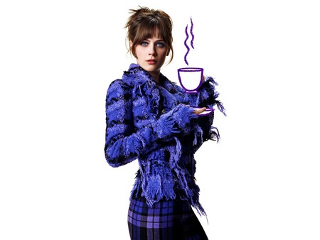 Zooey Deschanel - deschanel, zooey deschanel, coffee, sweater, tea, purple, zooey, brunette, cup