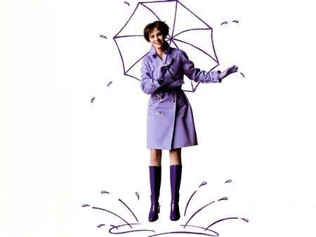 Zooey Deschanel - deschanel, zooey deschanel, boots, umbrella, purple, zooey, coat, brunette, puddle