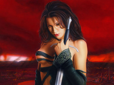 Live by the Sword - sky, female, warrior, red, sword, fantasy