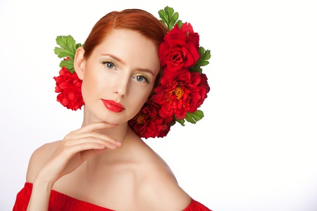 Redhead Flowers - white, woman, redhead, girl, female, red, hairs, flowers