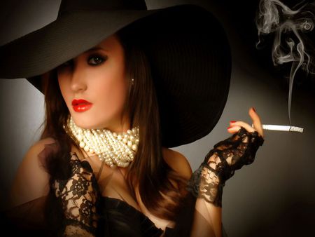 SMOKE, HAT AND BEAUTY - woman, brown, hat, lips, red, smoke, dress