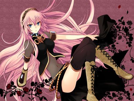 Megurine Luka - nice, beauty, hot, headset, thighhighs, black, rose, pretty, cool, megurine luka, anime, megurine, cute, luka, sexy, blue eyes, pink hair, plants, vocaloids, red, pink, beautiful, headphones, awesome, flowers, red rose