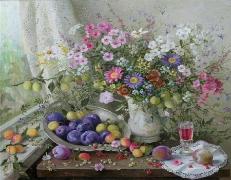 Beauty for all to Enjoy - pitcher, window, table, silver platter, flowers, curtain, painting, fruits, glass, doily