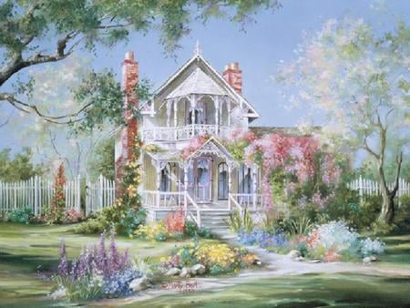 Welcome Friends - blossoms, friendships, pink, flowers, chimneys, porch, grass, fence, house, trees, painting, steps