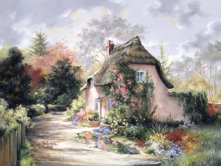 Cottage Lane - clouds, trees, dirt road, small, grass, flowers, roof, painting, cottage