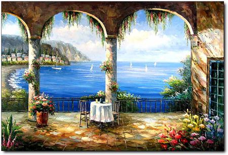 A Lovely Spring Morning - house, pots, arches, beach, chairs, table, sea, scenic, sailboats, flowers, view